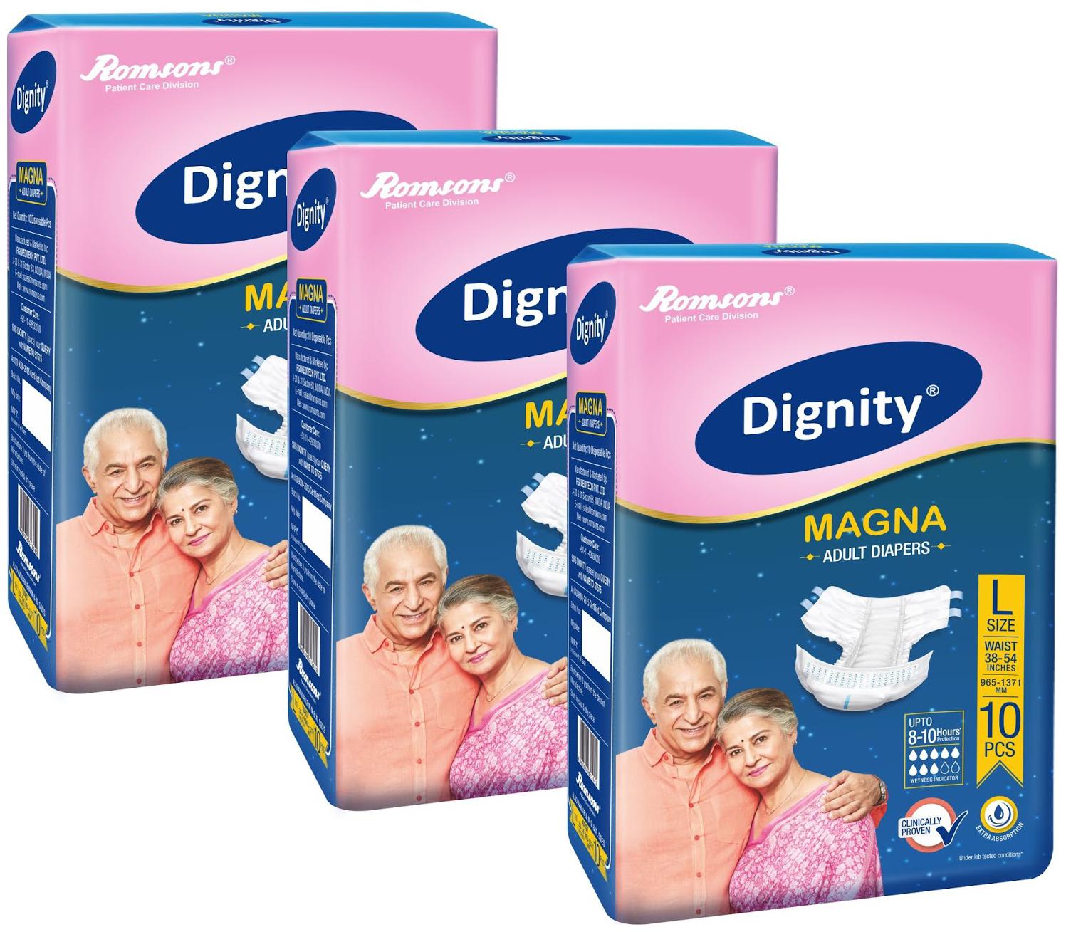 

Dignity Magna Adult Diapers Large (Waist Size 38- 54) 10 pcs Pack of 3