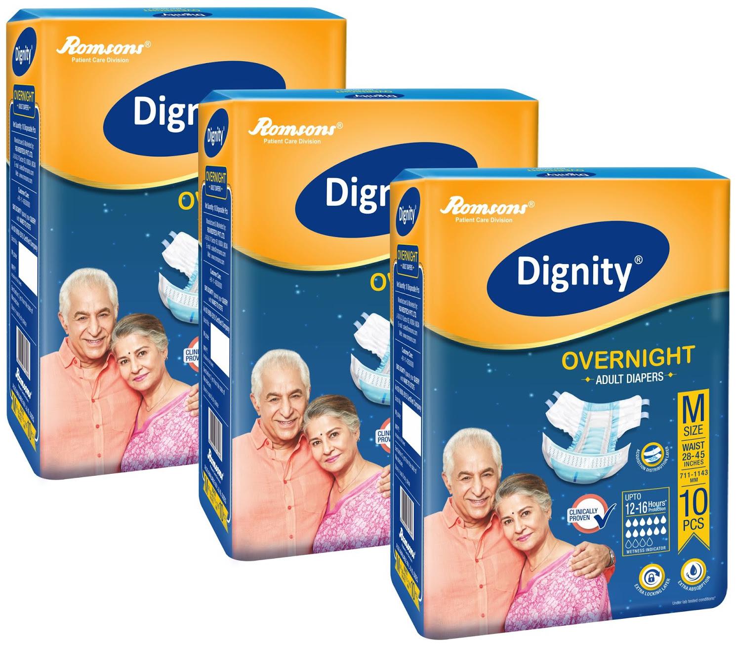 

Dignity Overnight Adult Diapers Medium (Waist Size 28- 45) 10 pcs Pack of 3