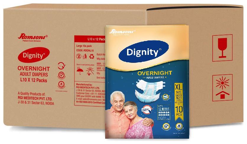 

Dignity Overnight Adult Diaper Extra Large 10 pcs Waist Size 48- 57 Pack of 12