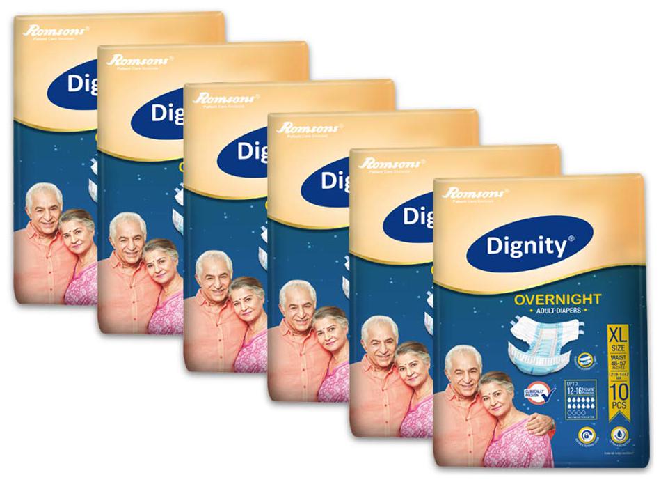

Dignity Overnight Adult Diaper Extra Large 10 pcs Waist Size 48- 57 Pack of 6