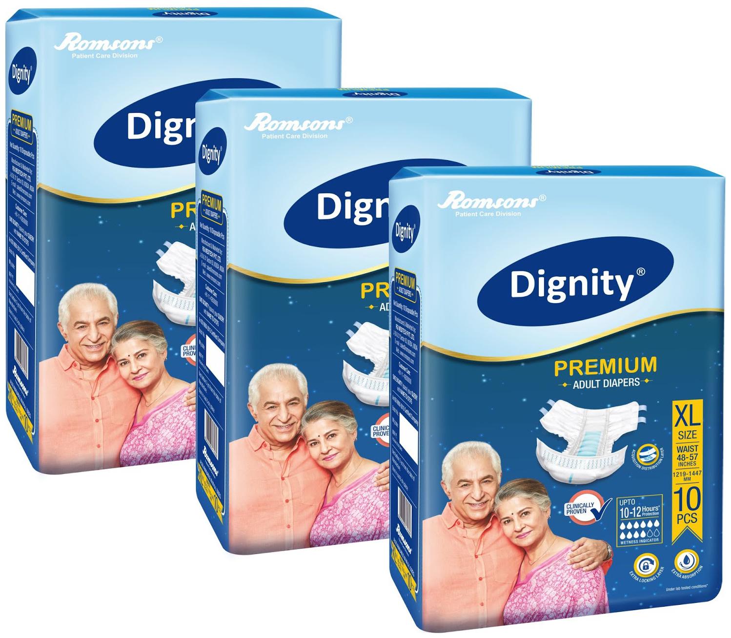 

Dignity Premium Adult Diapers Extra Large (Waist Size 48- 57) 10 pcs Pack of 3