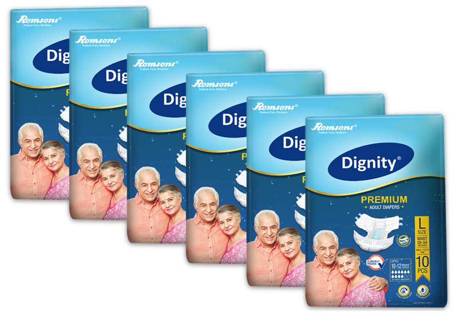 

Dignity Premium Adult Diaper Large 10 pcs Waist Size 38- 54 Pack of 6