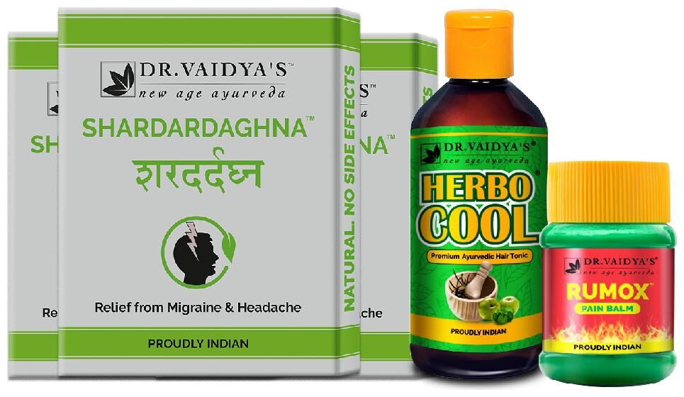 

Dr Vaidya s Headache Pack Ayurvedic Medicine For Headaches And Migraines Shardardaghna (24 Pills X 3 Packets ) Herbocool Hair Tonic (200 ml X 1 bottle ) Rumox Balm (50 gm X 1)