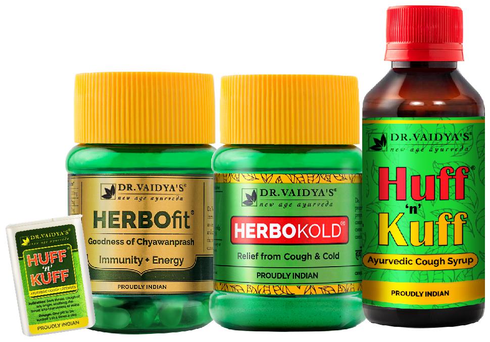 

Dr Vaidya s Cough Cold Combo Pack Ayurvedic Medicine for Cold Cough Relief Herbofit (30 Capsules X 1) Huff N Kuff Lozenges (50 Pills X 1) Huff N Kuff Syrup (100ml X 2) Herbokold Powder (50Gm X 2)