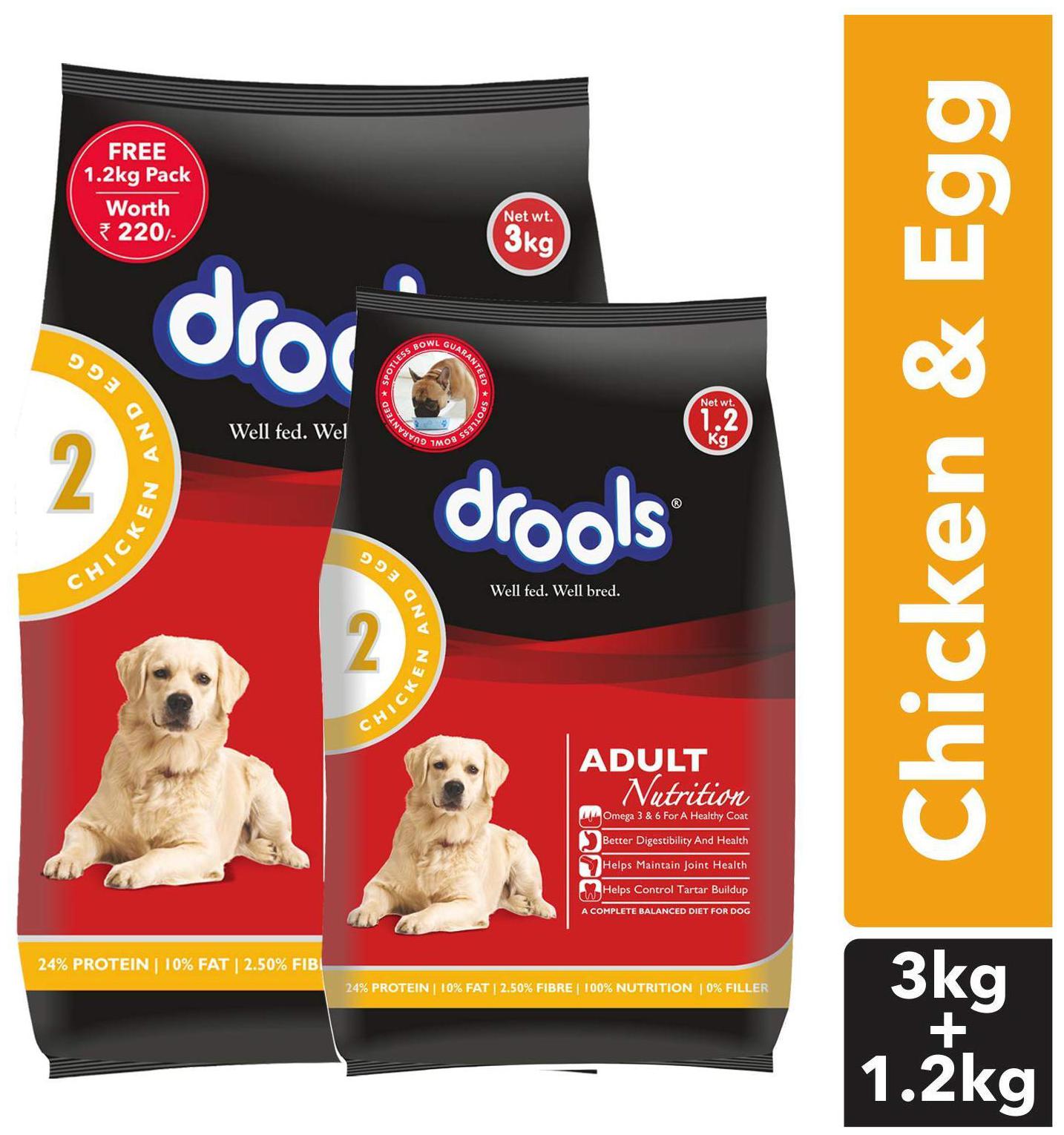 

Drools Chicken And Egg Adult Dog Food 3 kg ( 1 2 kg Free)