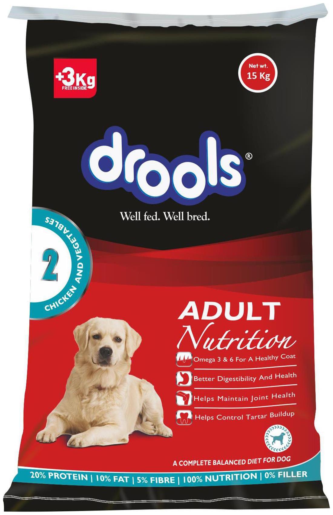 

Drools Chicken And Vegetable Adult Dog Food 15 kg - 3 kg Extra Free Inside
