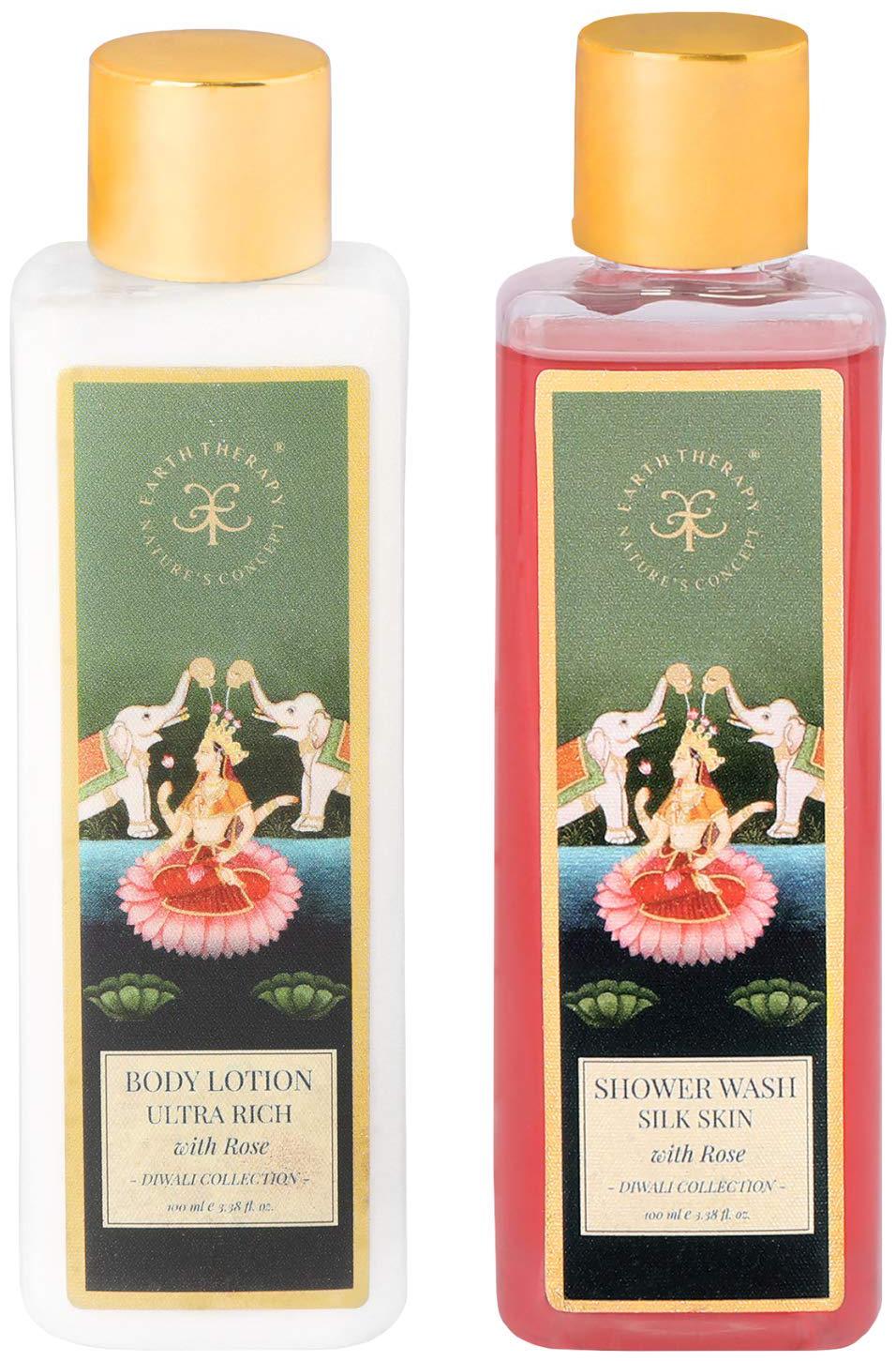 

Earth Therapy Rose Shower Wash 100 ml Body Lotion 100 ml With Rose Essential Oil for Brightening Whitening Silkening Refreshing Skin ( Pack of 2 )
