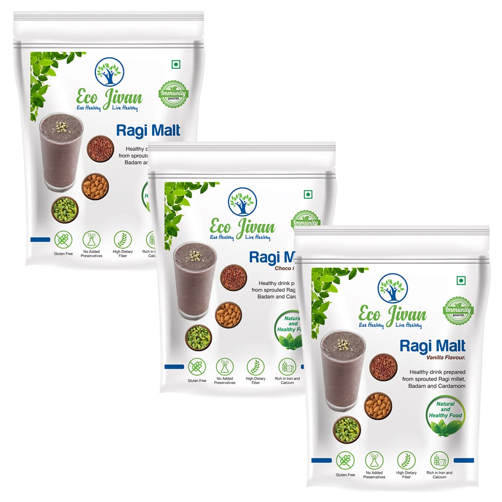 

Eco Jivan Instant Ragi Malt Combo Pack - Natural Without Sugar Choco Flavour And Vanilla Flavour 200 g Each (Pack Of 3)