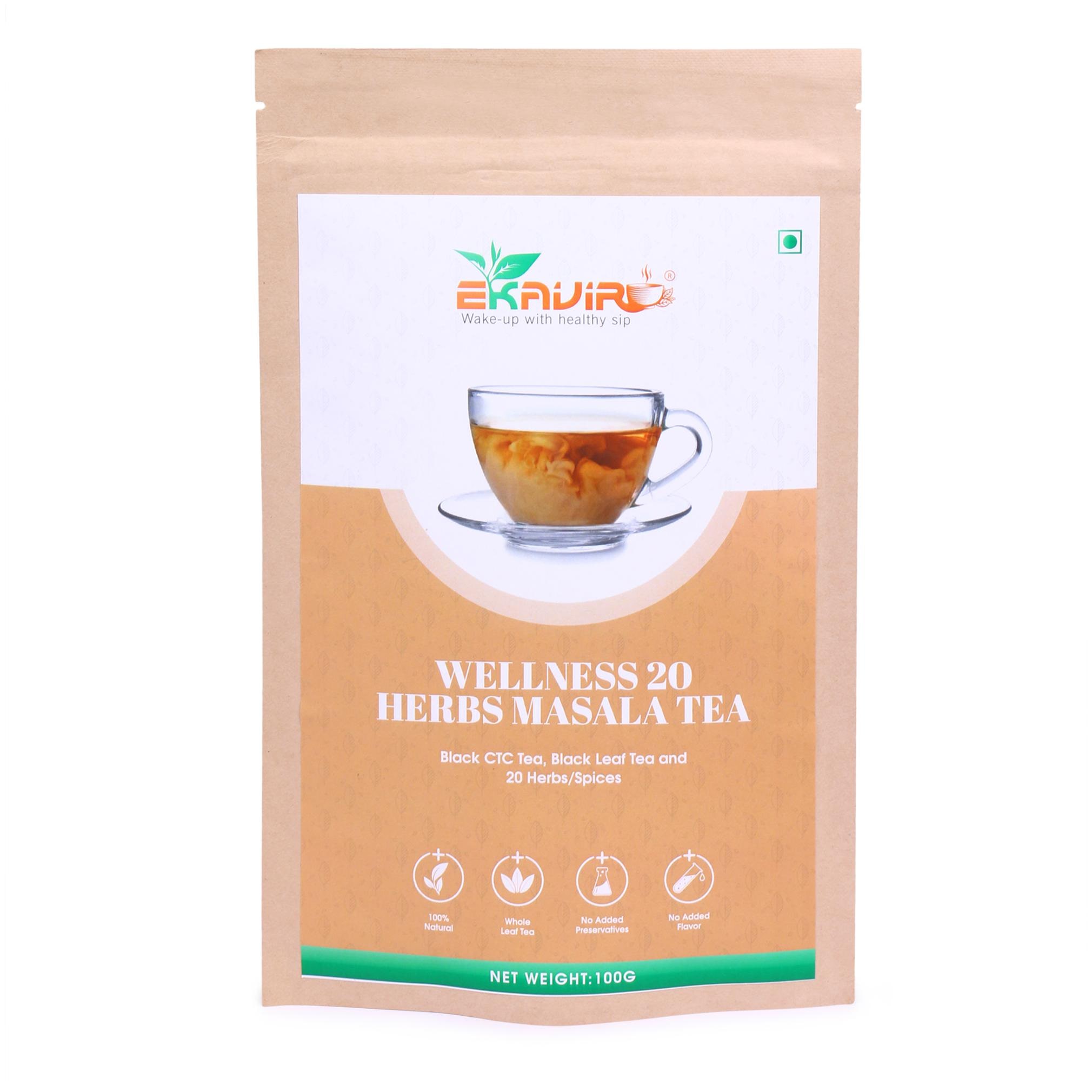 

Ekavir Natural Wellness 20 Masala Herbal Tea Chai With Assam Black Leaf Ginger Black Pepper Ashwagandha (100g) (Loose Leaves)