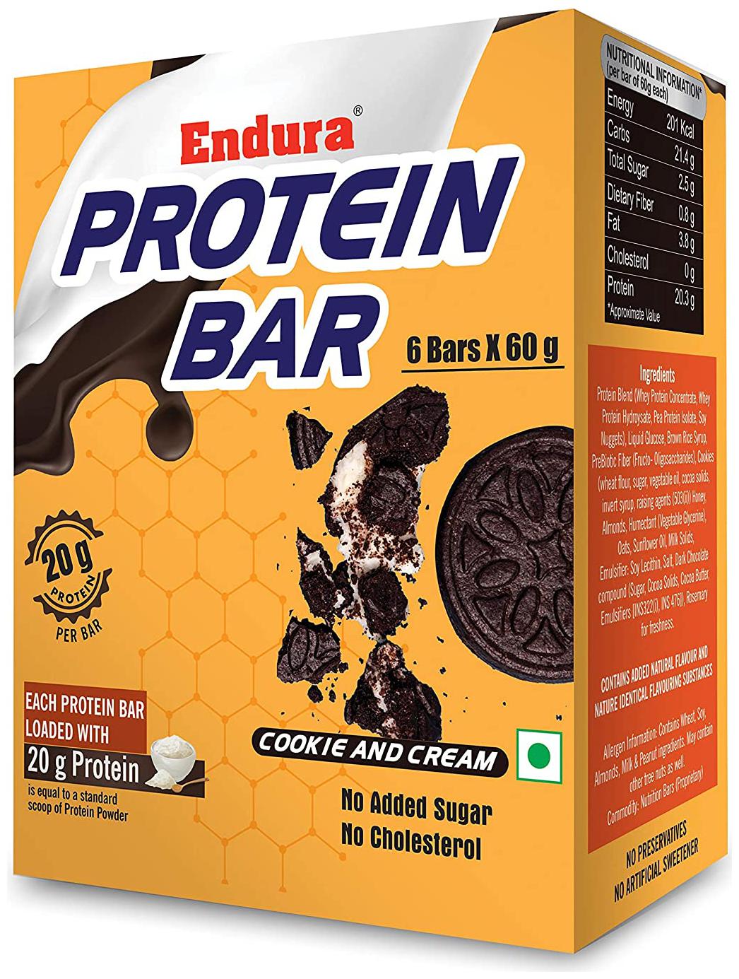

Endura Protein Bar - 20g Protein Per Bar High Protein No Added Sugar No Cholesterol Whey Protein Bar Energy Booster (Cookie and Cream 6 Bars X 60 g) (Pack of 1)