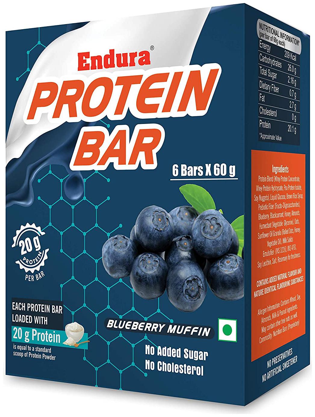 

Endura Protein Bar - 20g Protein Per Bar High Protein No Added Sugar No Cholesterol Whey Protein Bar Energy Booster (Blueberry Muffin 6 Bars X 60 g) (Pack of 1)