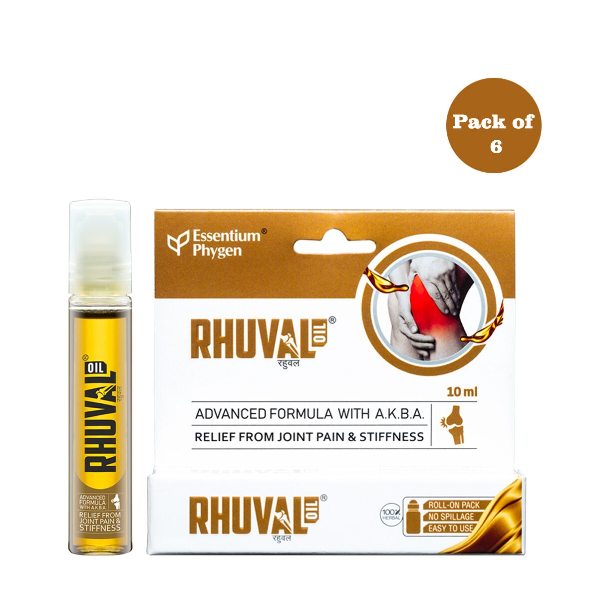 

Essentium Phygen Rhuval Oil 100 Natural Pain Relief Massage Oil for Joints Muscles and Stiffness with Advanced A K B A Formula 10ml - Pack of 6