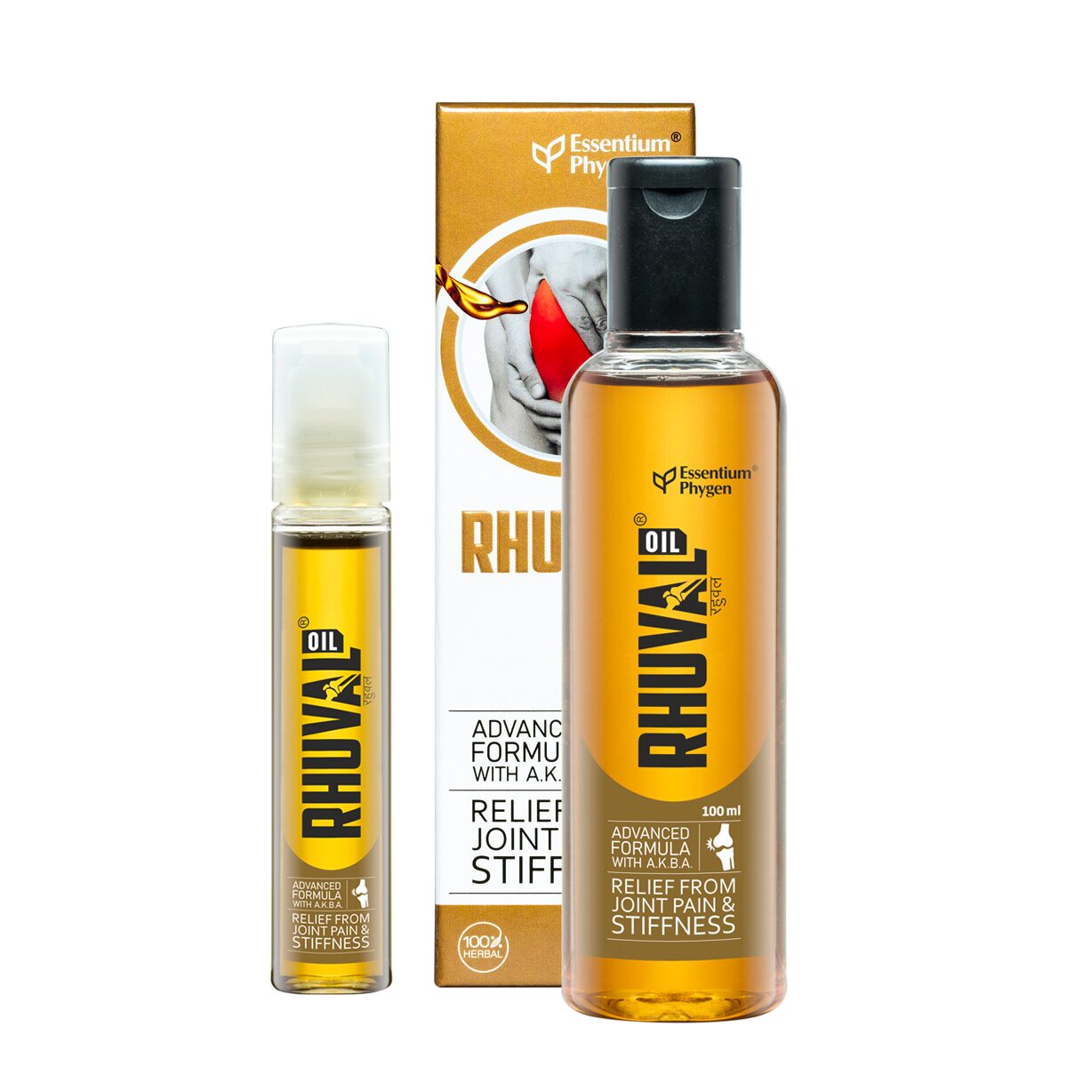 

Essentium Phygen Rhuval Oil Combo Pack 100 Natural Pain Relief Massage Oil for Joints Muscles and Stiffness with Advanced A K B A Formula 100ml 10ml