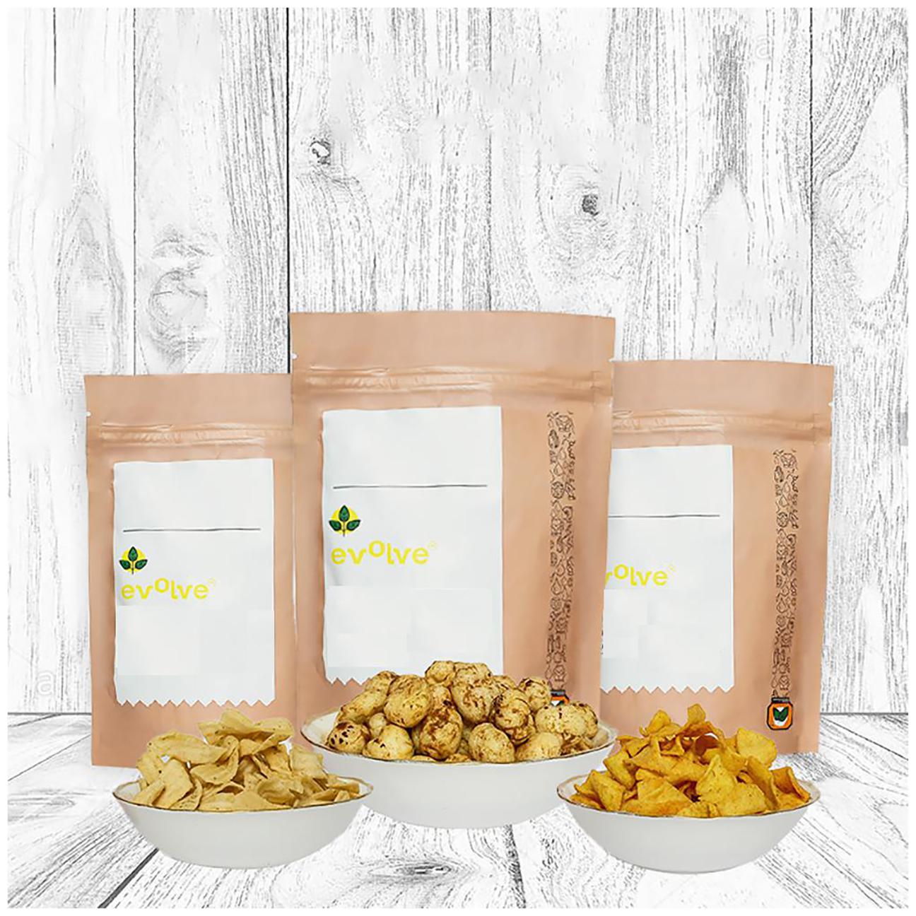 

Evolve Snacks Vacuum Cooked Pudina Foxnuts (70g) Oats chips sour cream onion(100g) Soya corn chips (100g) (Pack of 3)