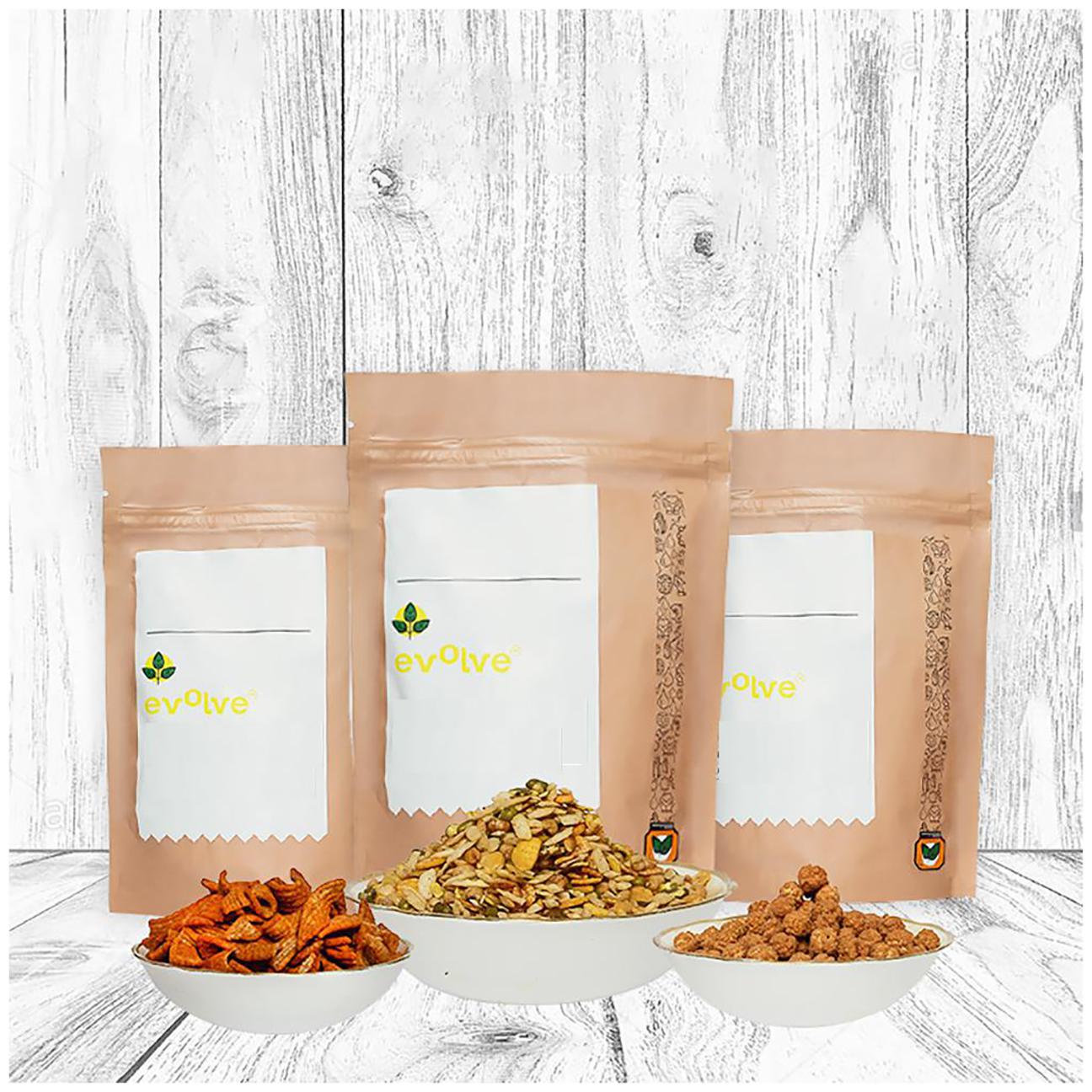 

Evolve Snacks Vacuum Cooked All in one Mixture (90g) Gur chana (100g) Raagi chips (100g) (Pack of 3)