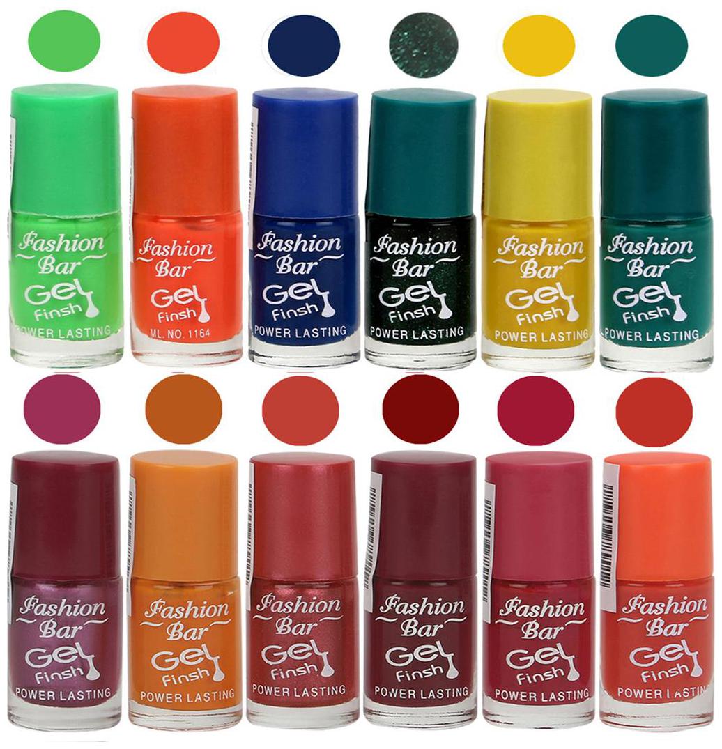 

Fashion Bar Nail polish (Light Green Neon Orange Blue Glitter Green Yellow Green Shiny Purple Peaches Orange Gajri Maroon Deep Pink Orange)