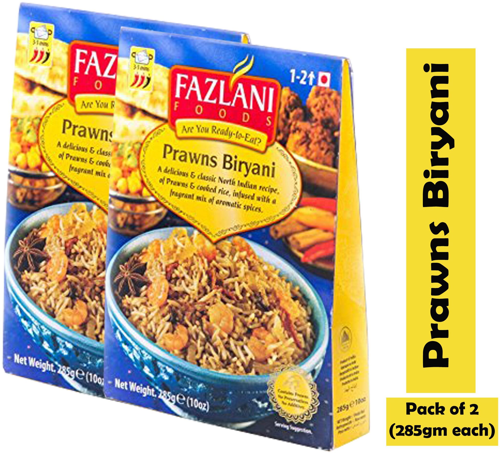 

Fazlani Foods Ready To Eat Prawns Biryani (Pack Of 2 285g Each)