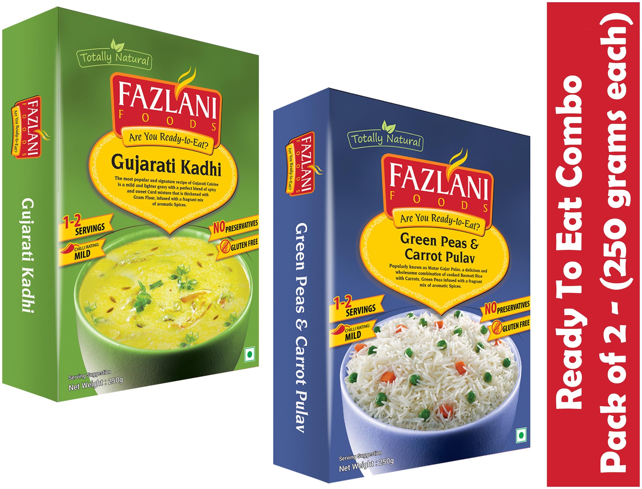 

Fazlani Foods Ready to Eat Gujarati Kadhi (250 g) Green Peas and Carrot Pulav (250 g) Pack of 2