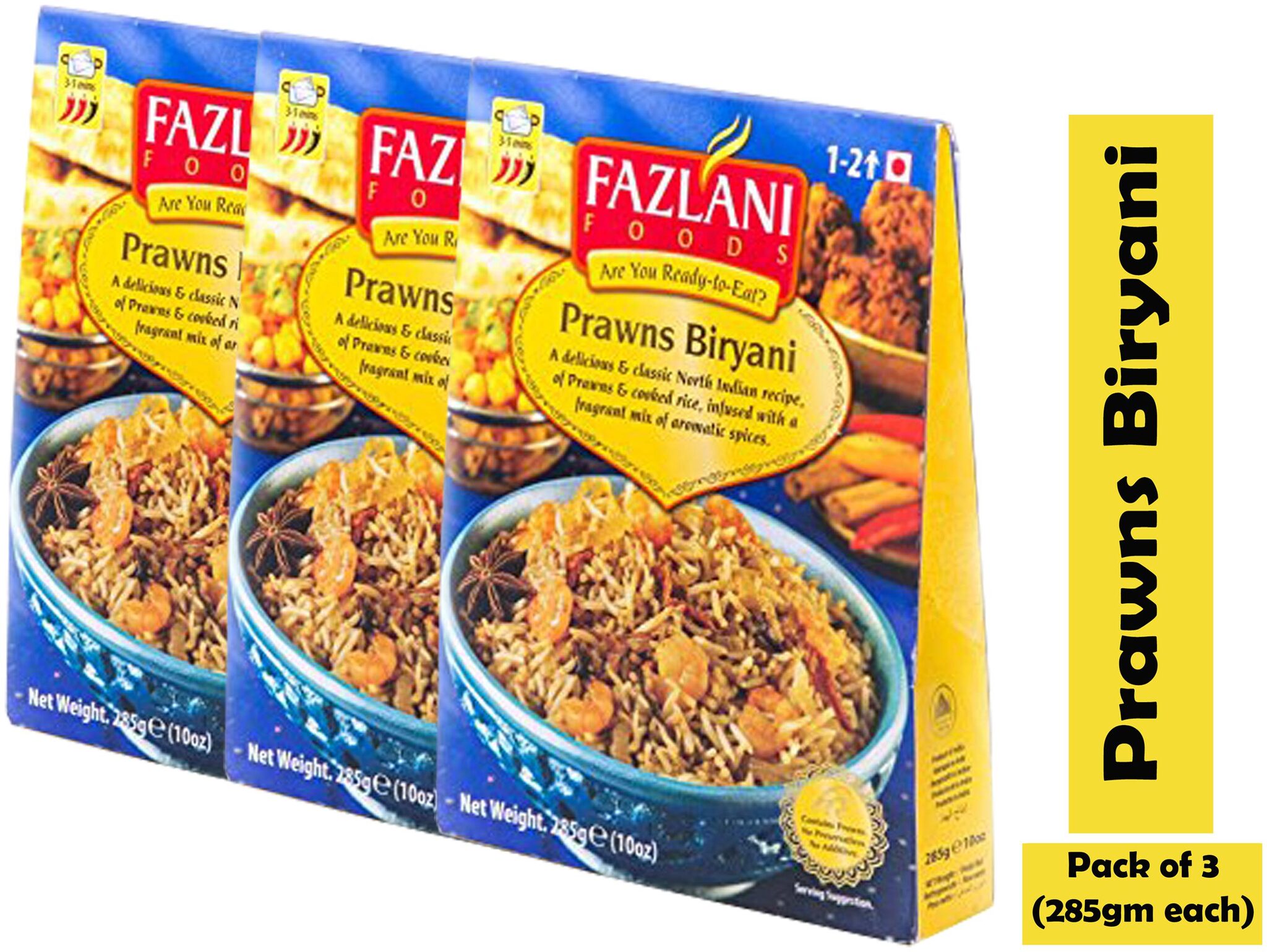 

Fazlani Foods Ready To Eat Prawns Biryani (Pack Of 3 285g Each)