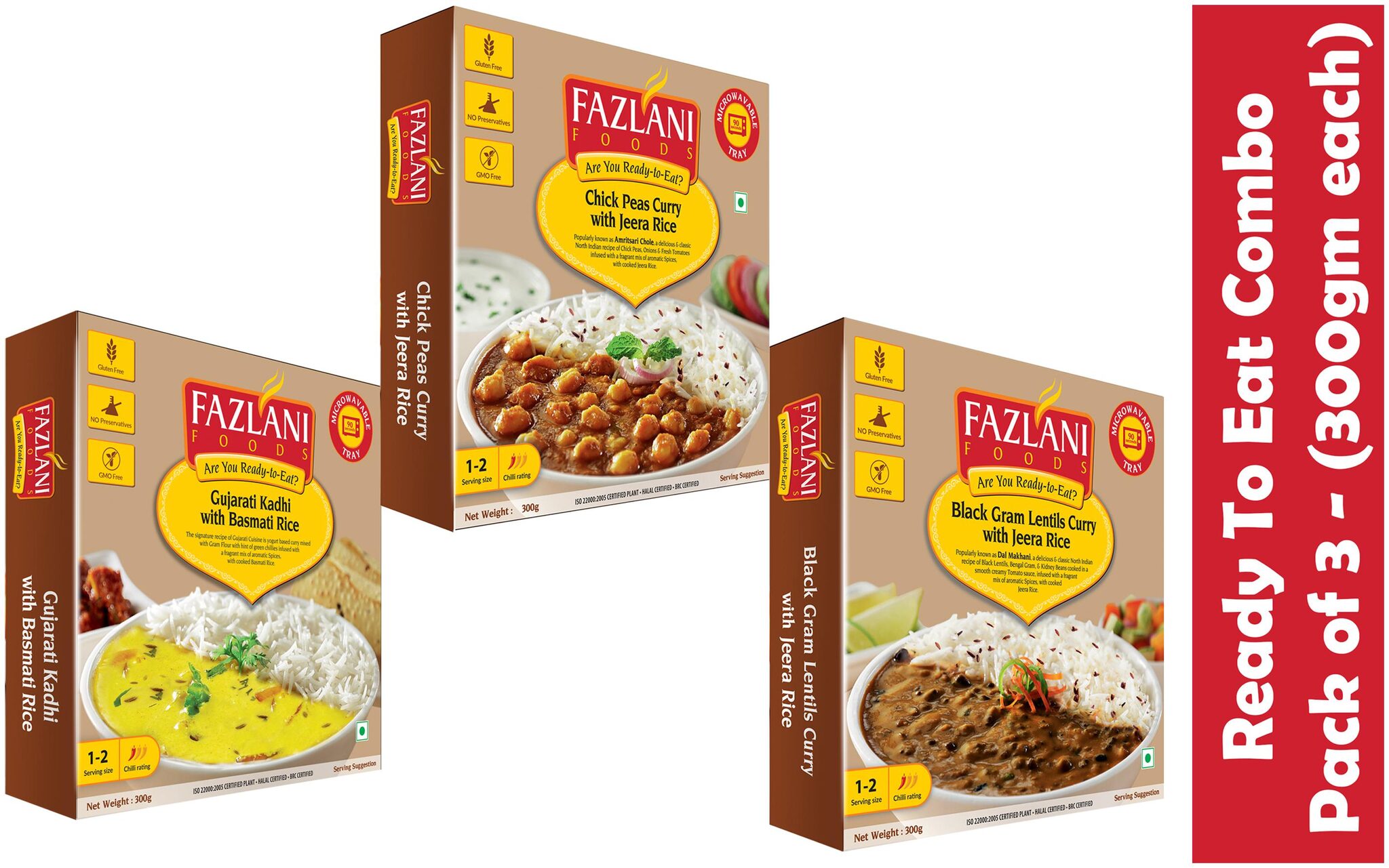 

Fazlani Foods Ready to Eat Black Gram Lentils Curry Chickpeas Curry with Jeera Rice Gujarati Kadhi with Basmati Rice (300 g) Pack of 3