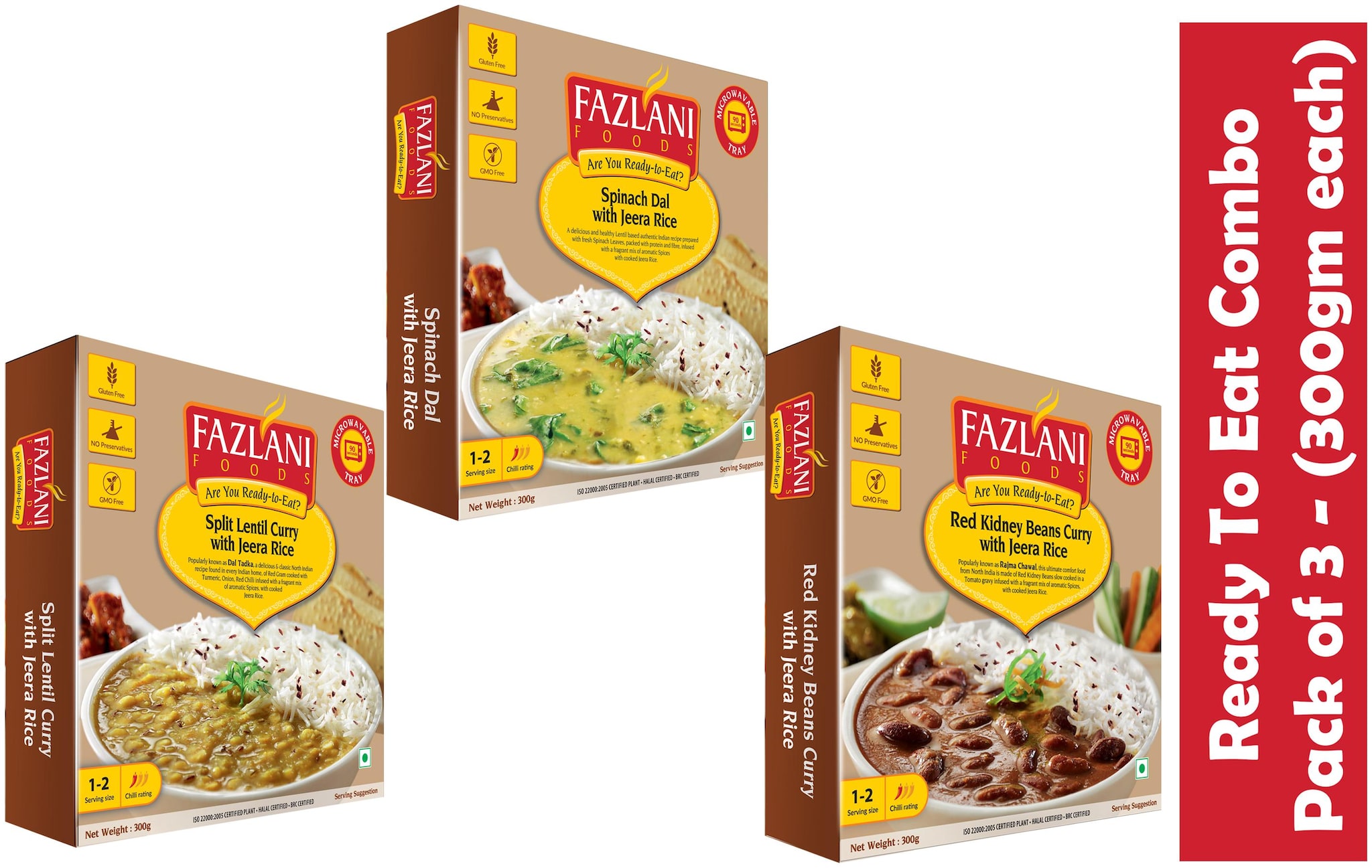 

Fazlani Foods Ready to Eat Red Kidney Beans Spinach Dal Split Lentil Curry with Jeera Rice (300 g) Pack of 3
