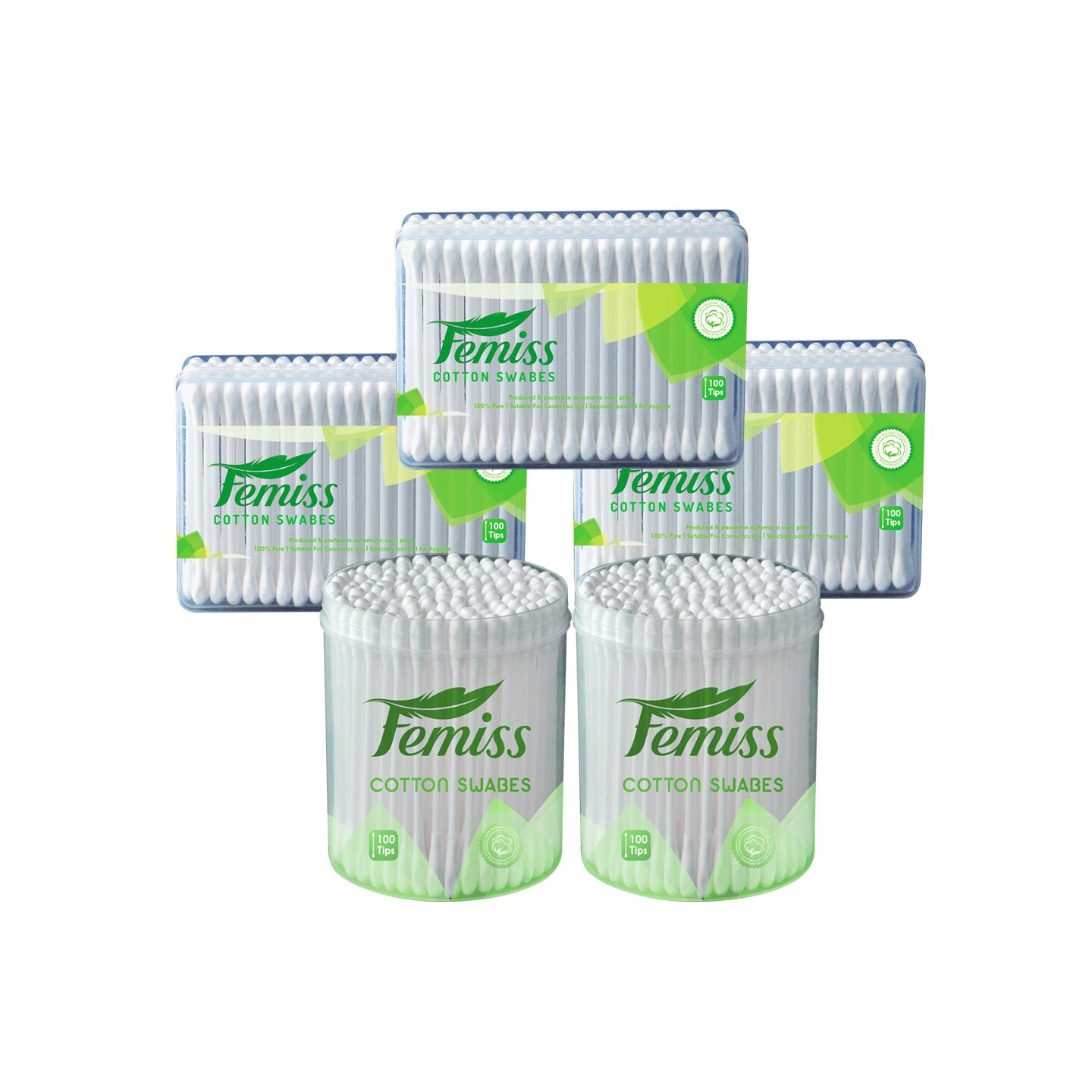 

femiss cotton swabs combo of box and Jar of 100 sticks (pack of 5)