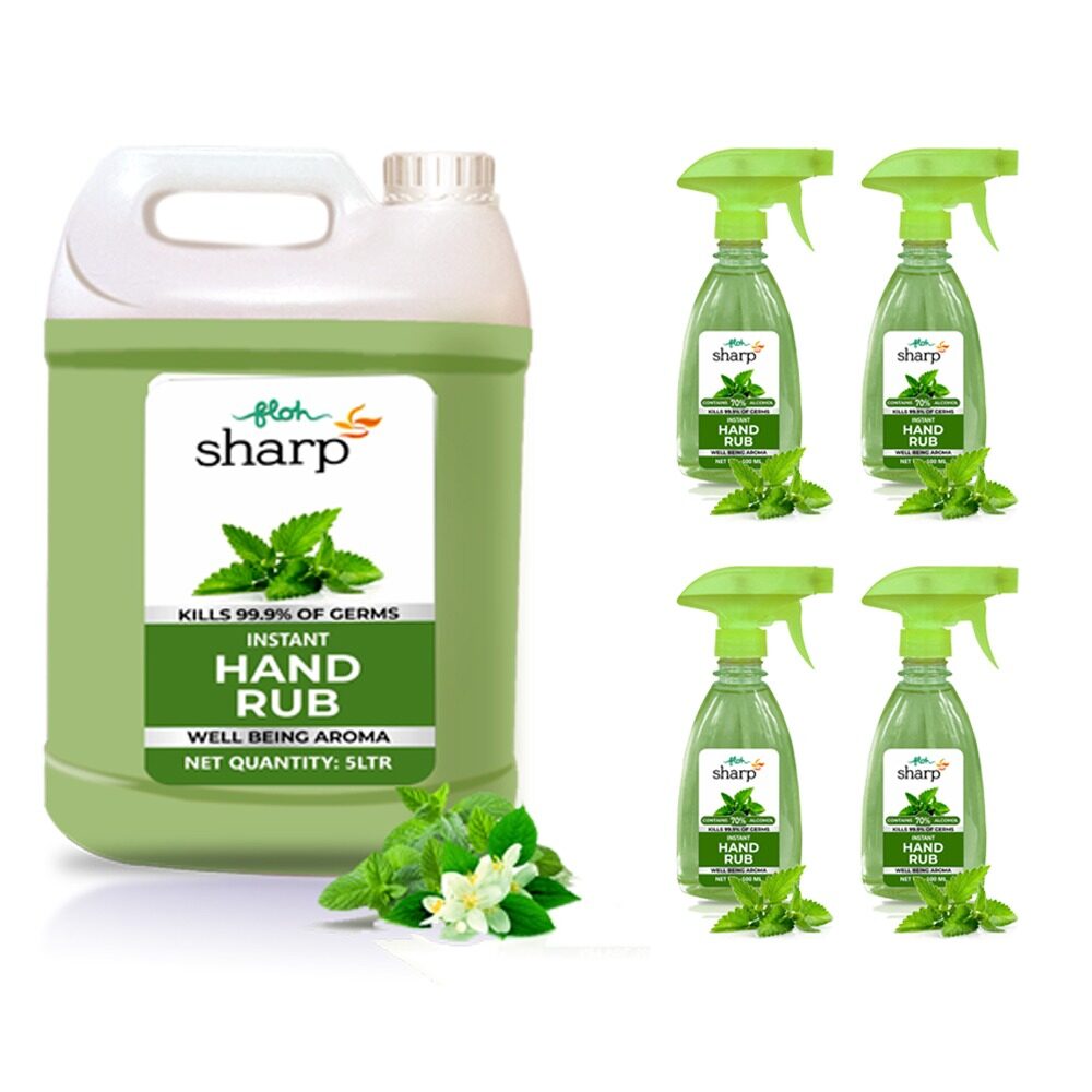 

FLOH Sharp Instant Hand Rub Sanitizer 5L Can and 500ml Spray x 4 Jasmine Flavor (Pack of 5)