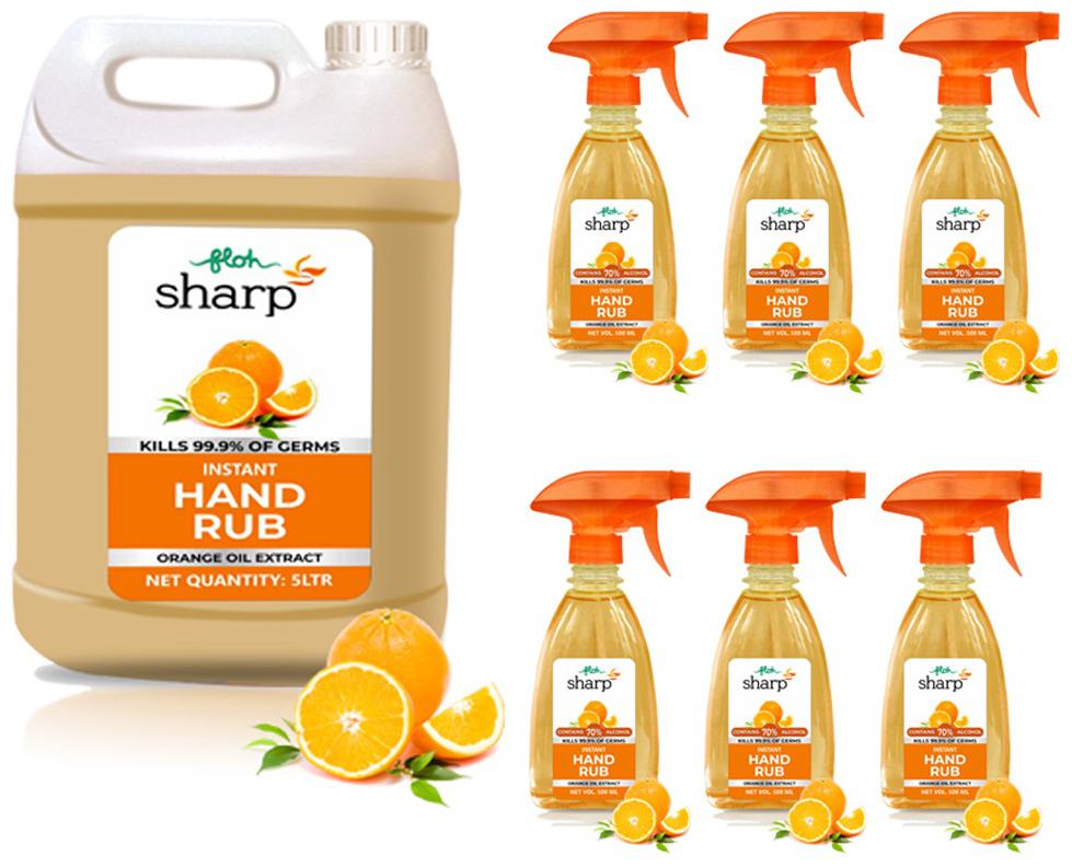 

FLOH Sharp Instant Hand Rub Sanitizer 5L Can and 500ml Spray x 6 Orange Flavor (Pack of 7)
