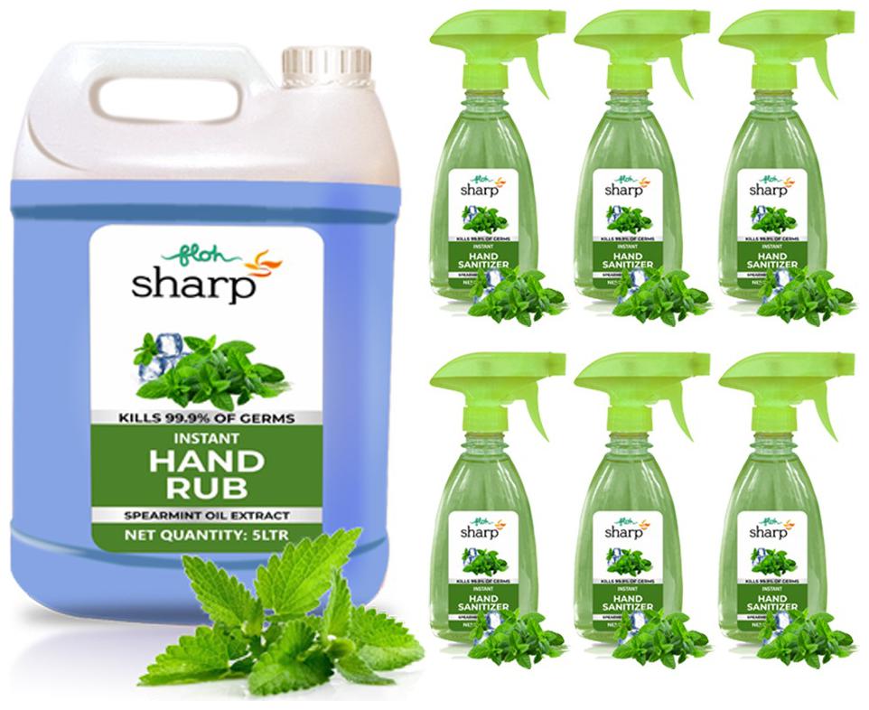 

FLOH Sharp Instant Hand Rub Sanitizer 5L Can and 500ml Spray x 6 Spearmint Flavor (Pack of 7)