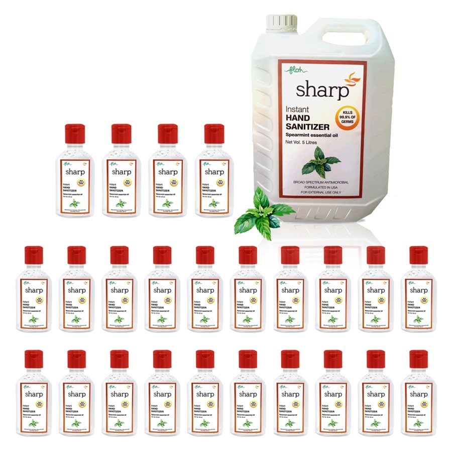 

FLOH Sharp Instant Hand Sanitizer Gel With Spearmint Flavor 70 Alcohol Based (5L x 1 and 60 ml x 24) Pack of 25