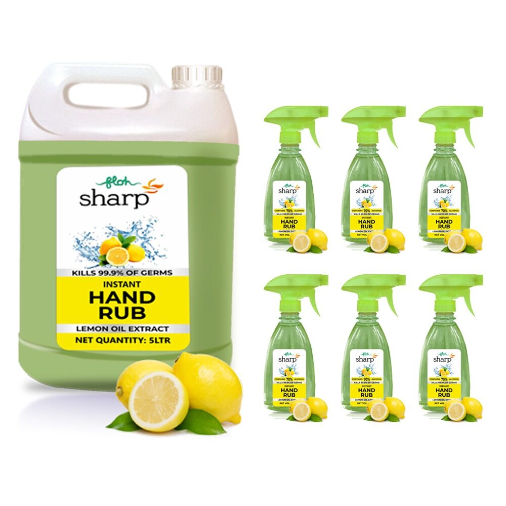 

FLOH Sharp Instant Hand Rub Sanitizer 5L Can and 500ml Spray x 6 Lemon Flavor (Pack of 7)