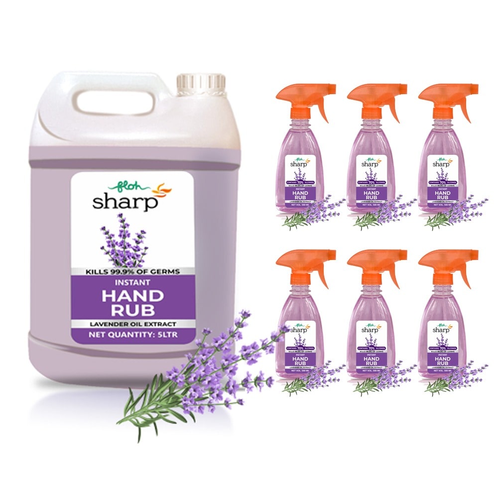 

FLOH Sharp Instant Hand Rub Sanitizer 5L Can and 500ml Spray x 6 Lavender Flavor (Pack of 7)