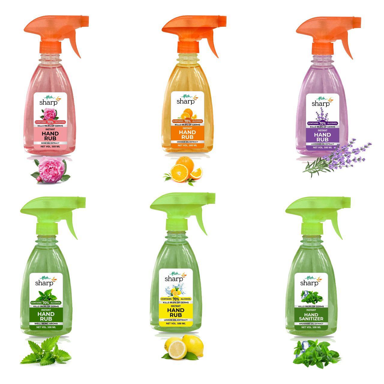 

FLOH Sharp Instant Hand Rub Sanitizer With 6 flavors 500 ml Each (Pack Of 6)