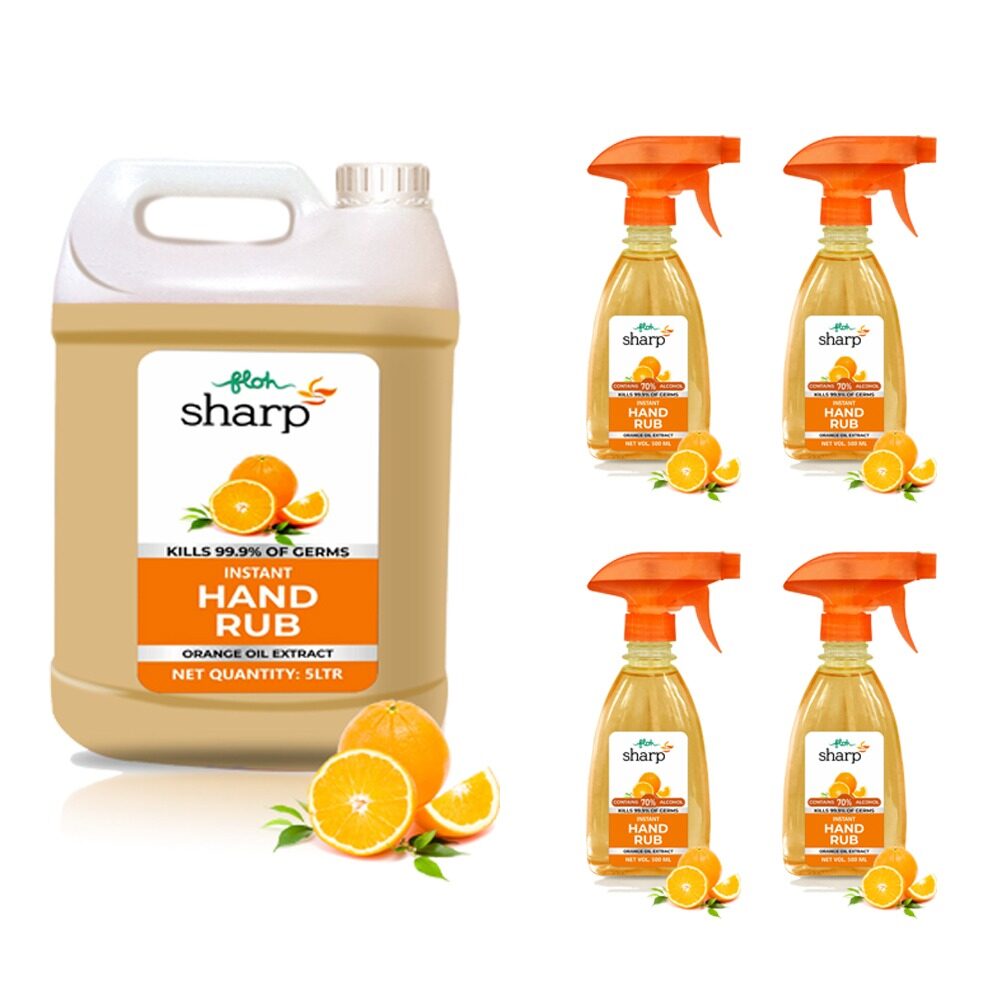 

FLOH Sharp Instant Hand Rub Sanitizer 5L Can and 500ml Spray x 4 Orange Flavor (Pack of 5)