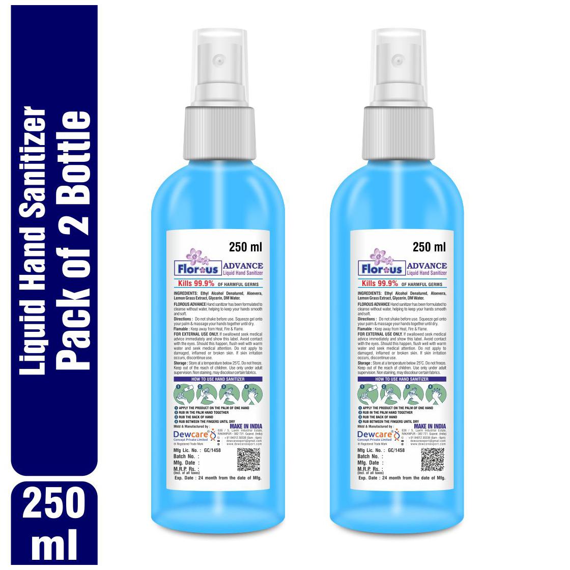 

Florous Advance Sanitizer 62 v v Alcohol Based with Moisturizer Spray Bottle 250 ml (Pack Of 2)