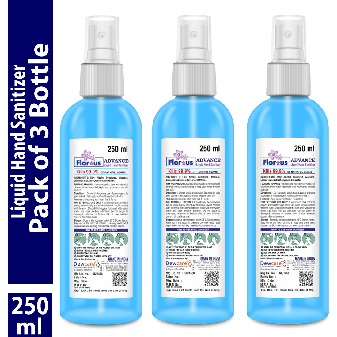 

Florous Advance Sanitizer 62 v v Alcohol Based with Moisturizer Spray Bottle 250 ml (Pack Of 3)