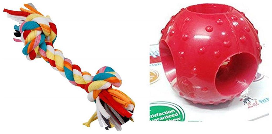 

Foodie Puppies Imported Dog Rubber Chew Toy Combo (Hole Ball Toy Rope Chew Toy) Color May Vary