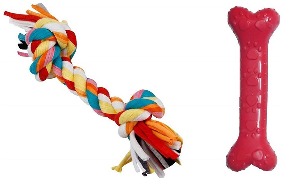 

Foodie Puppies Imported Dog Rubber Chew Toy Combo (Paw Print Rubber Bone Rope Chew Toy) Color May Vary