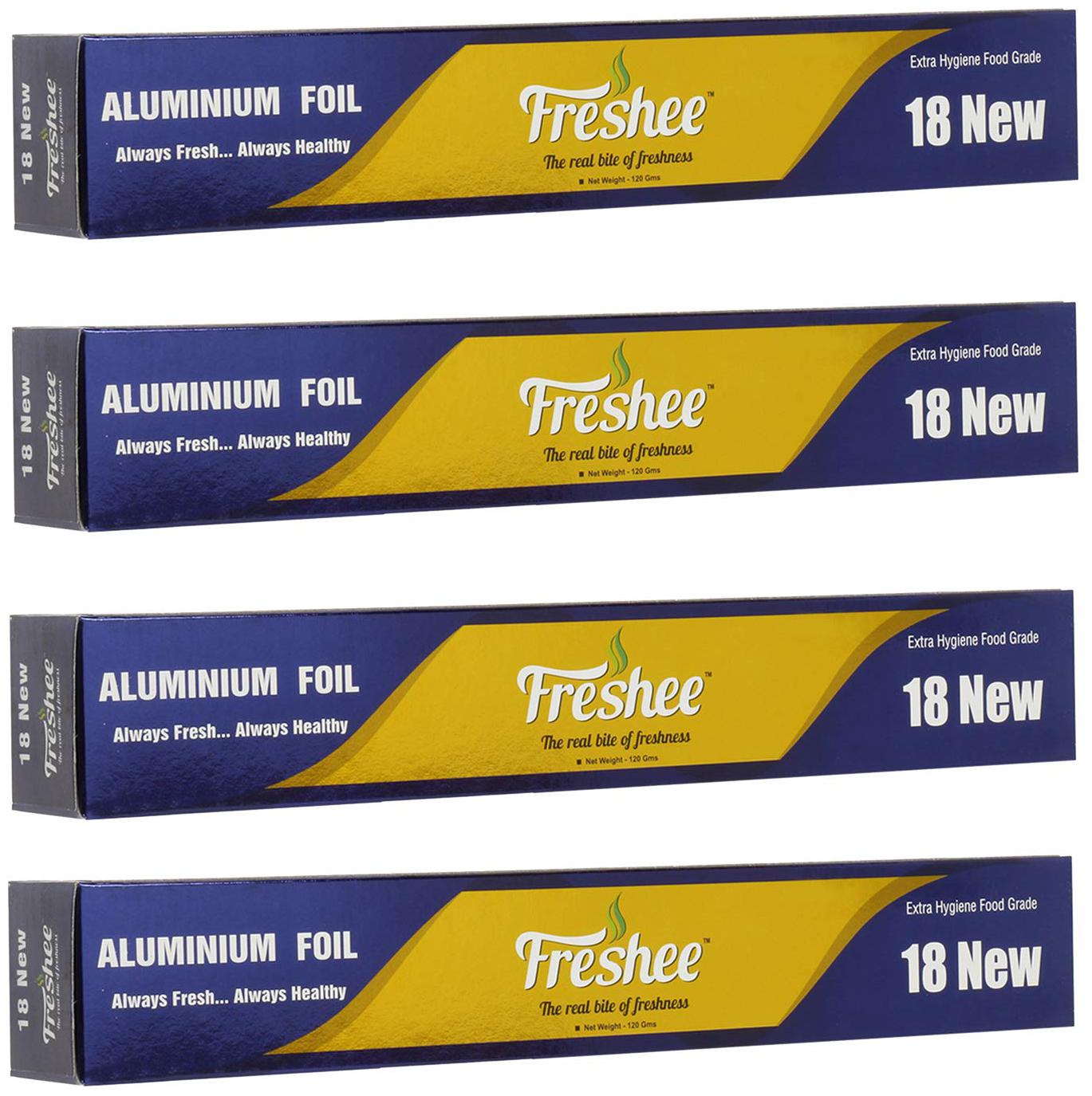 

Freshee 18 New Aluminium Silver Kitchen Foil Roll Paper 10 5 Micron Thick Food wrap Bacteria Resistant Disposable Food Parcel Hookah Fresh Food ( Pack of 4 )