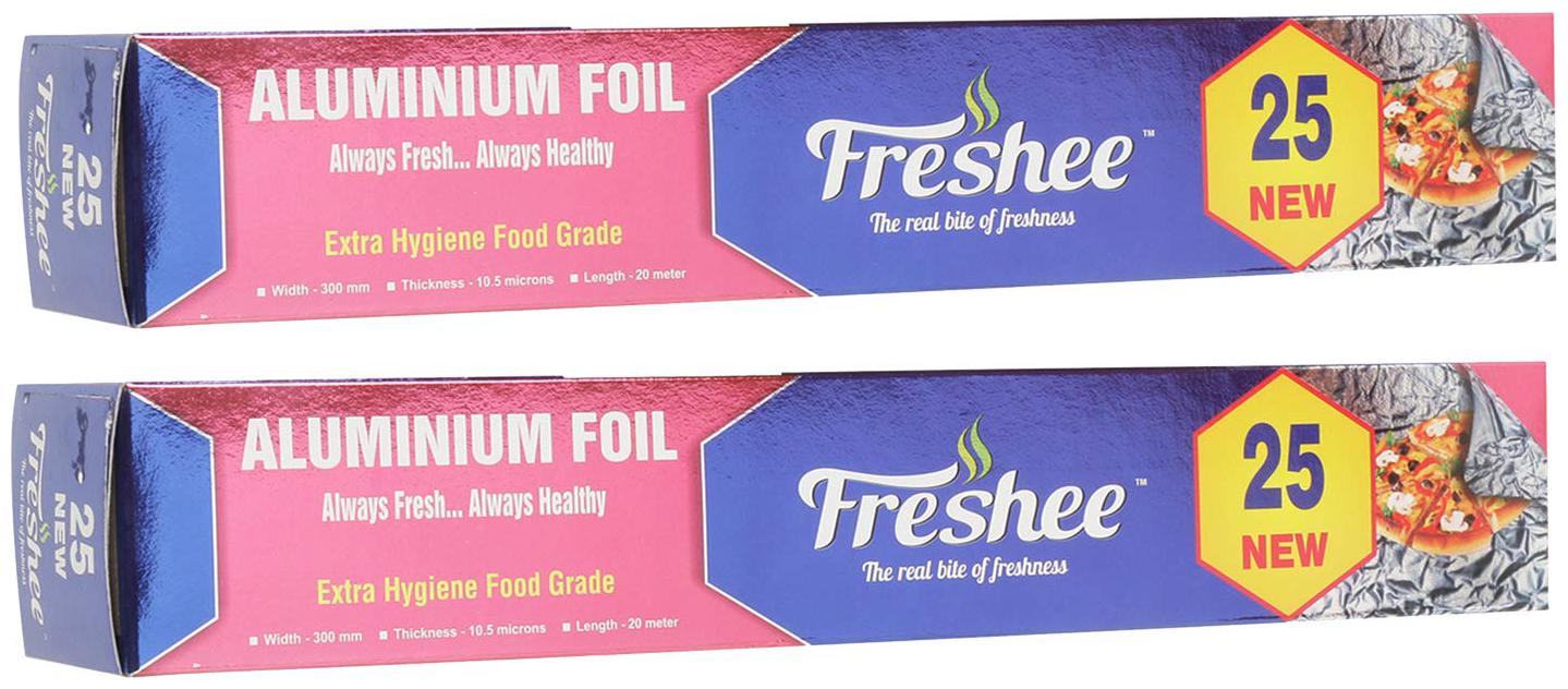 

Freshee 20m New Aluminium Silver Kitchen Foil Roll Paper 10 5 Micron Thick Food wrap Bacteria Resistant Disposable Food Parcel Hookah Fresh Food ( Pack of 2 )