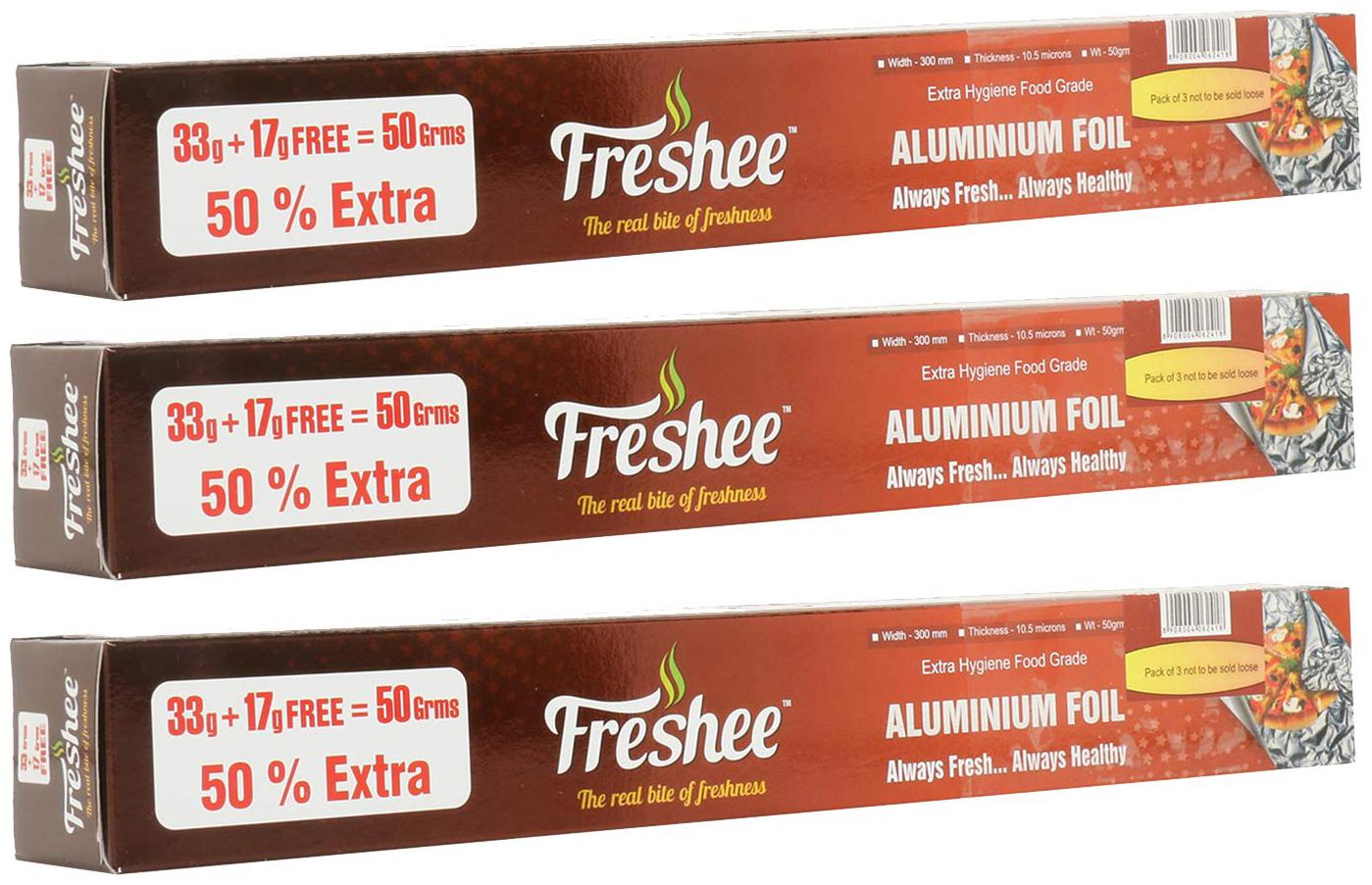 

Freshee 50g Aluminium Silver Kitchen Foil Roll Paper 10 5 Micron Thick Food wrap Bacteria Resistant Disposable Food Parcel Hookah Fresh Food ( Pack of 3 )