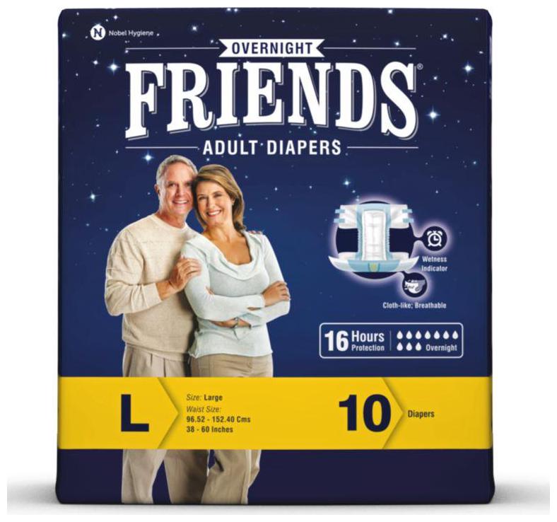 

FRIENDS Overnight Unisex Adult Diapers Large Waist Size (38- 60 Inch) 10Pcs