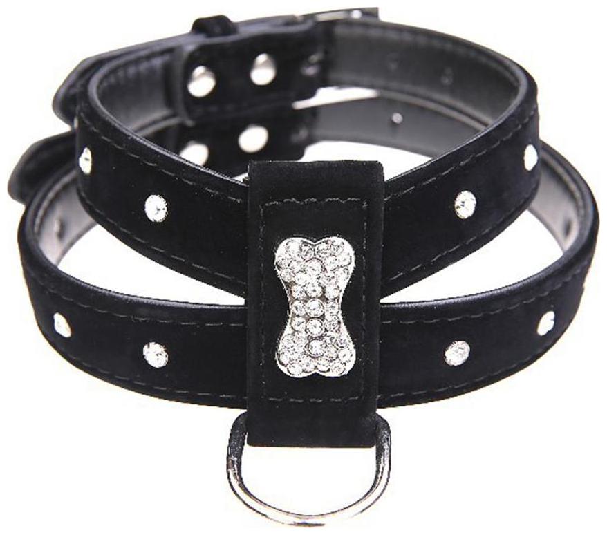 

Futaba Bling Rhinestone Leather Puppy Collar Harness For Chihuahua Teacup - Black - Small