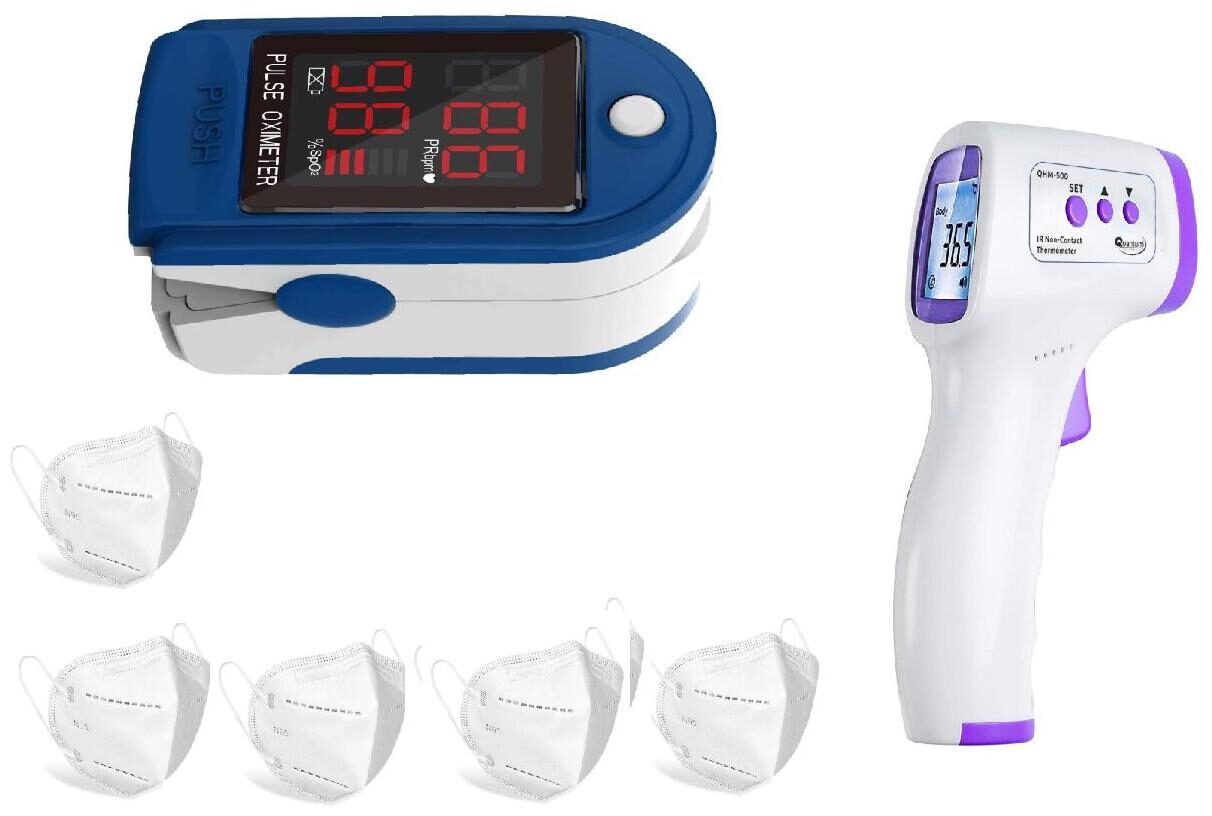 

G GAPFILL 2in1 Combo Fingertips Pulse Oximeter Non-Contact Infrared Digital Forehead Thermometer with Lcd Display With Free 5 pcs KN95 Mask