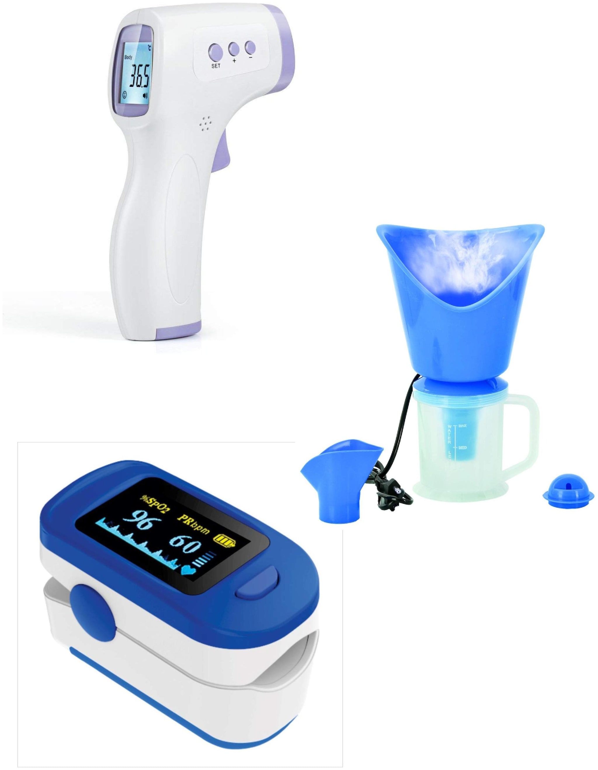 

G GAPFILL 3in1 Combo Non-Contact Infrared Digital Forehead Thermometer with Lcd Display Finger Tip Pulse Oximeter with OLED Display vapouriser steamer Inhaler for cough and cold kids and adults