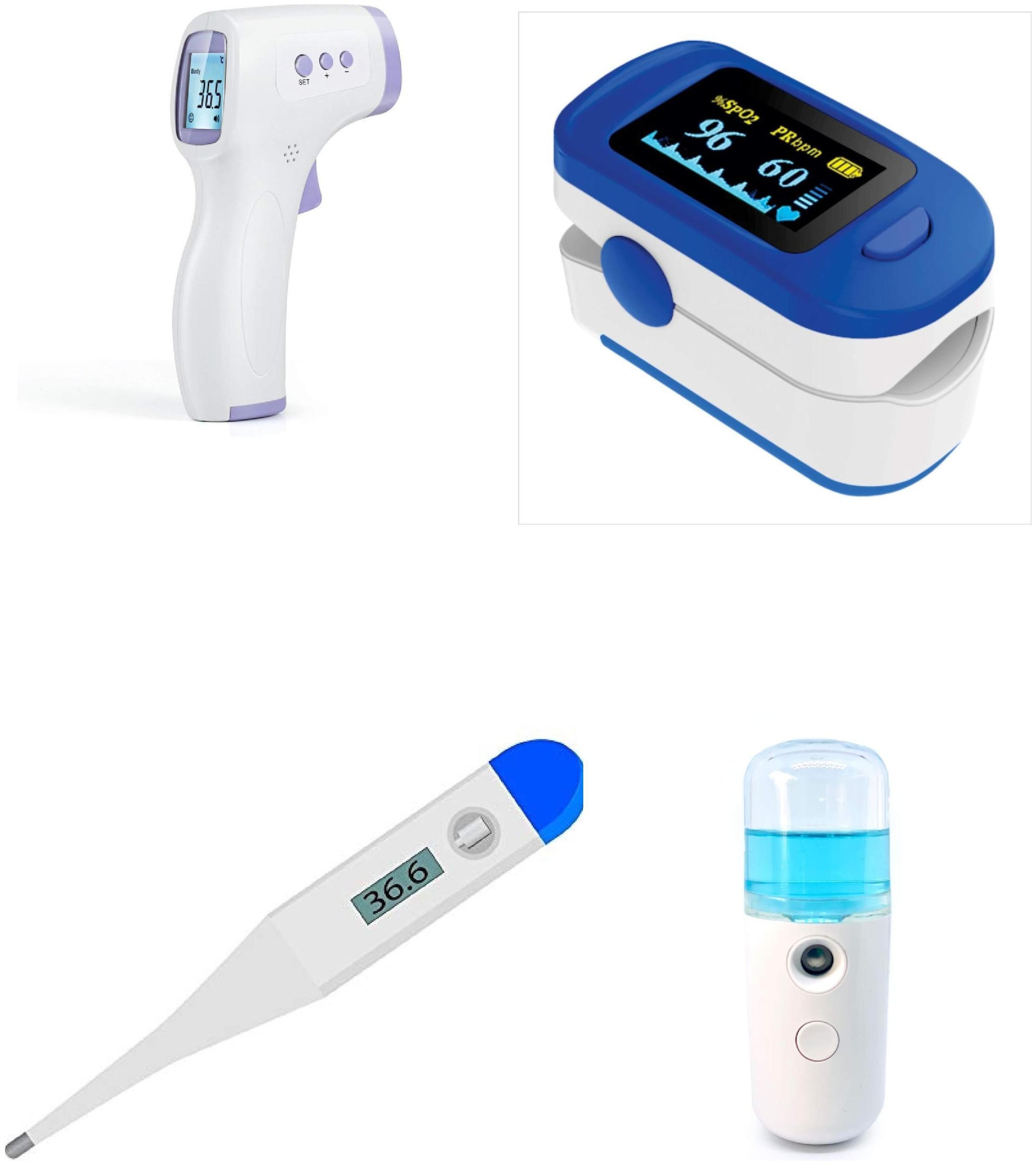 

G GAPFILL 4in1 Combo Non-Contact Infrared Thermometer with Lcd Display 1 Digital thermometer Finger Tip Pulse Oximeter with OLED Display USB Rechargeable Facial Nano Mist Spray Automatic Sanitiz