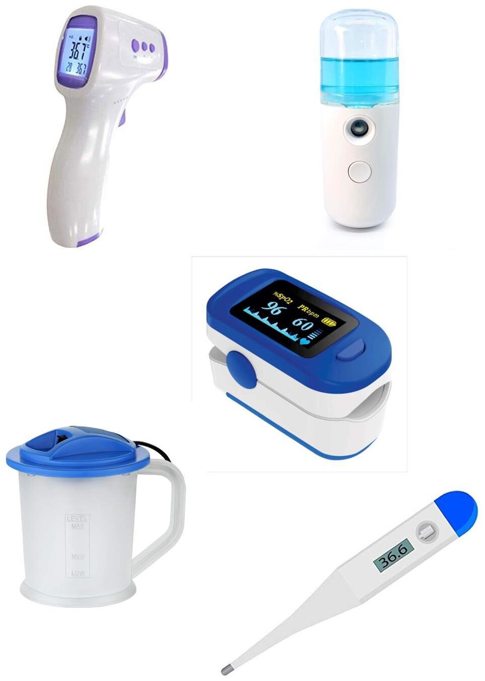 

G GAPFILL 5in1 Combo Non-Contact Infrared Thermometer with Lcd Display 1 Digital thermometer Finger Tip Pulse Oximeter with OLED Display USB Rechargeable Facial Nano Mist Spray 1 vaporizer