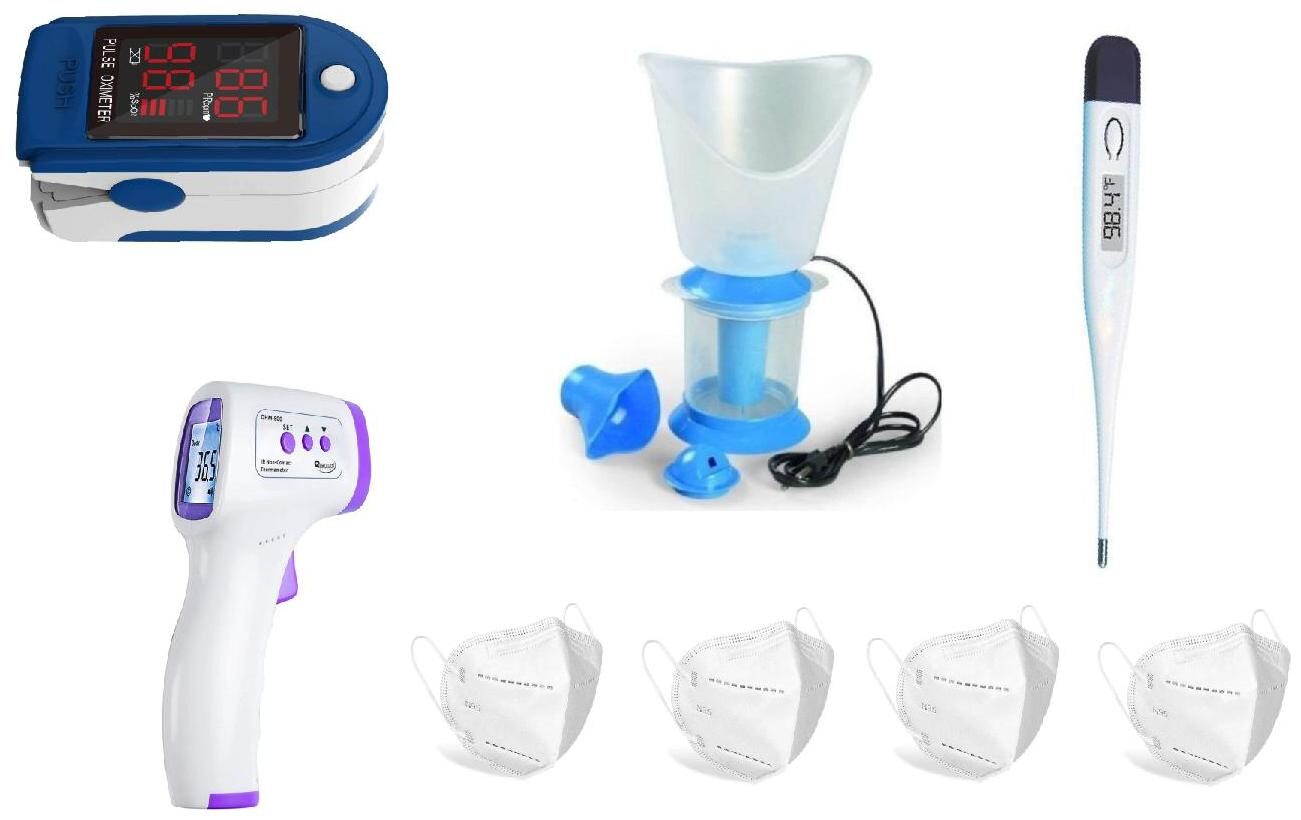 

G Gapfill Non-Contact Infrared Thermometer Oximeter Digital Thermometer And Steamer 4In1 Combo With Free 4 Kn95Masks