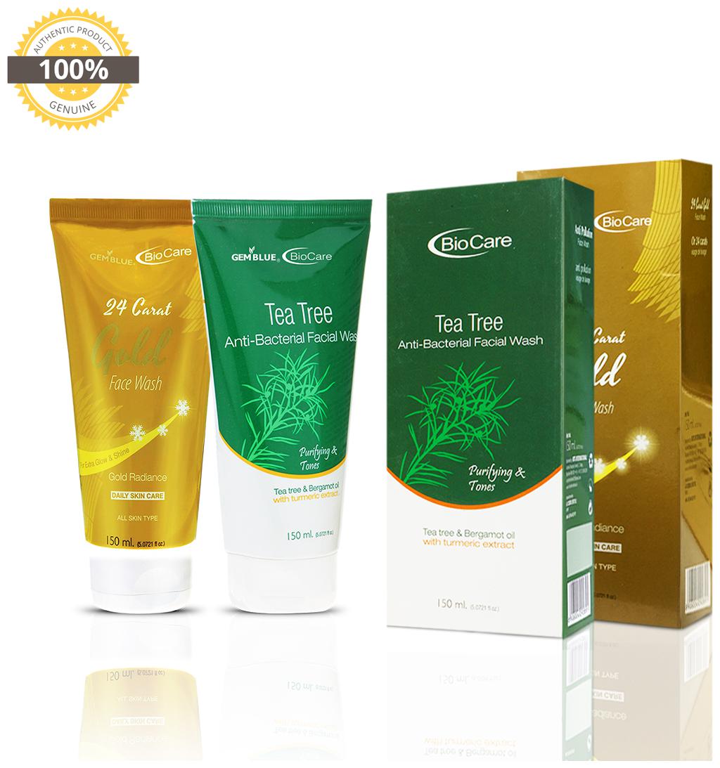 

Gemblue Biocare 24 Carat Gold Face Wash 150ml Gemblue Biocare Tea Tree Anti Becterial Facial Wash 150ml Pack Of 2