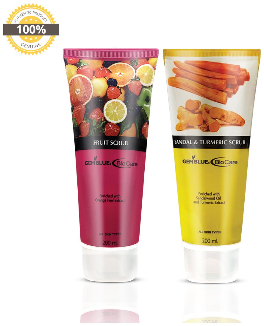 

Gemblue Biocare Fruit Scrub 200 ml Sandal Turmeric Scrub 200 ml (Pack of 2)